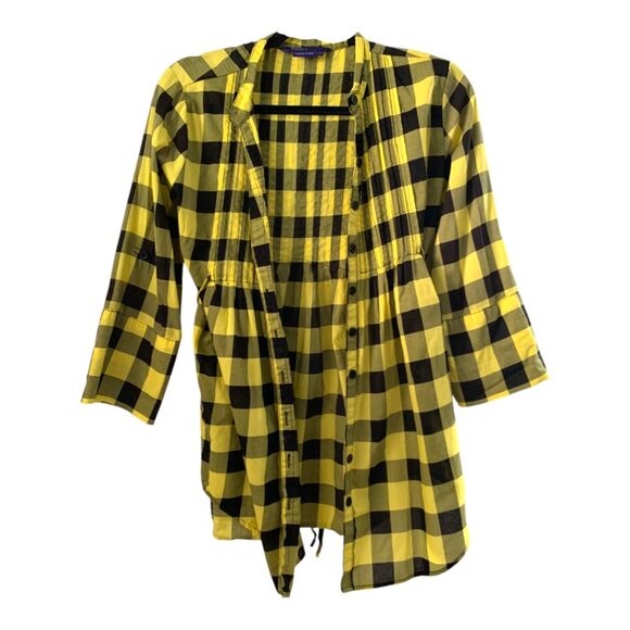 MILEY CYRUS max yellow & black checkered plaid button down cute top size XL - Picture 2 of 6